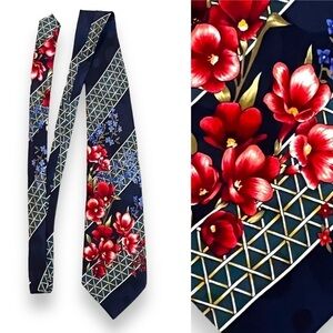 Schizzo Style 100% Silk Tie Floral Print Navy Red Made in Italy